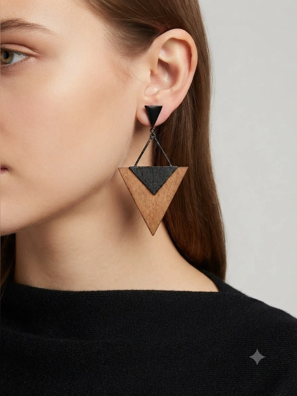 Geometric Wood & Black Triangle Drop Earrings – Boho Statement
